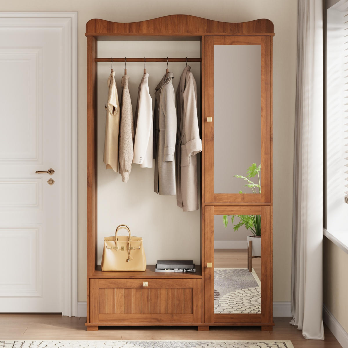 GARDEROBENSCHRANK Spiegel Kleiderstange Schublade - Nussbaumfarben, Holz (115.5/194.5/38.5cm) - LEBENLANG