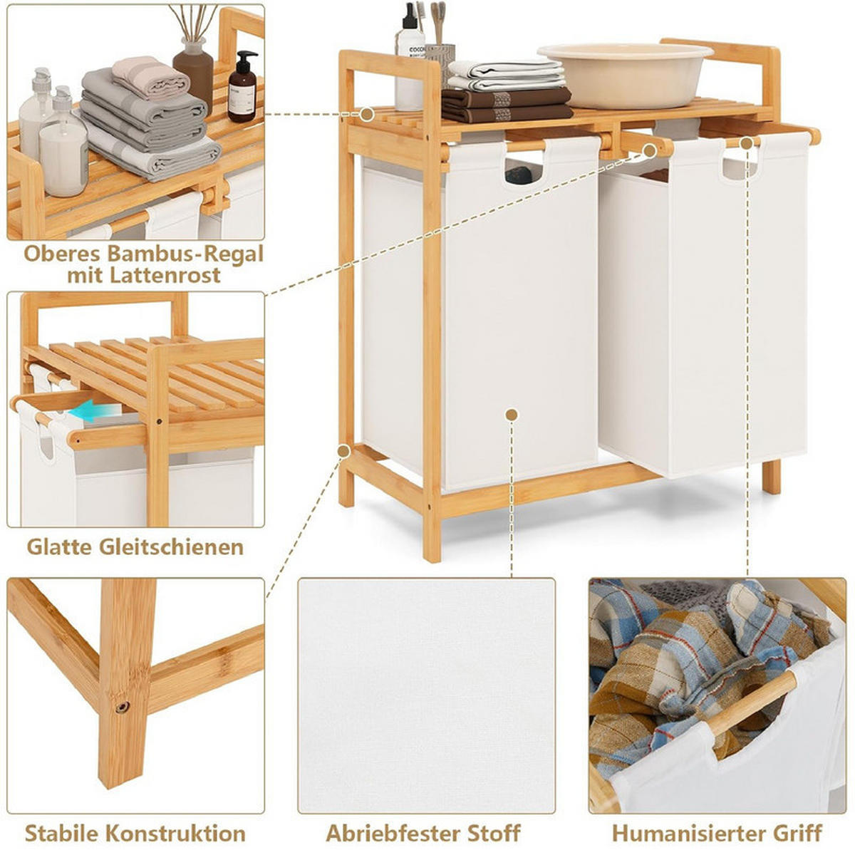 WÄSCHEKORB mit Wäschesäcken weiß - Weiß, Naturmaterialien (64/73/33cm) - COSTWAY