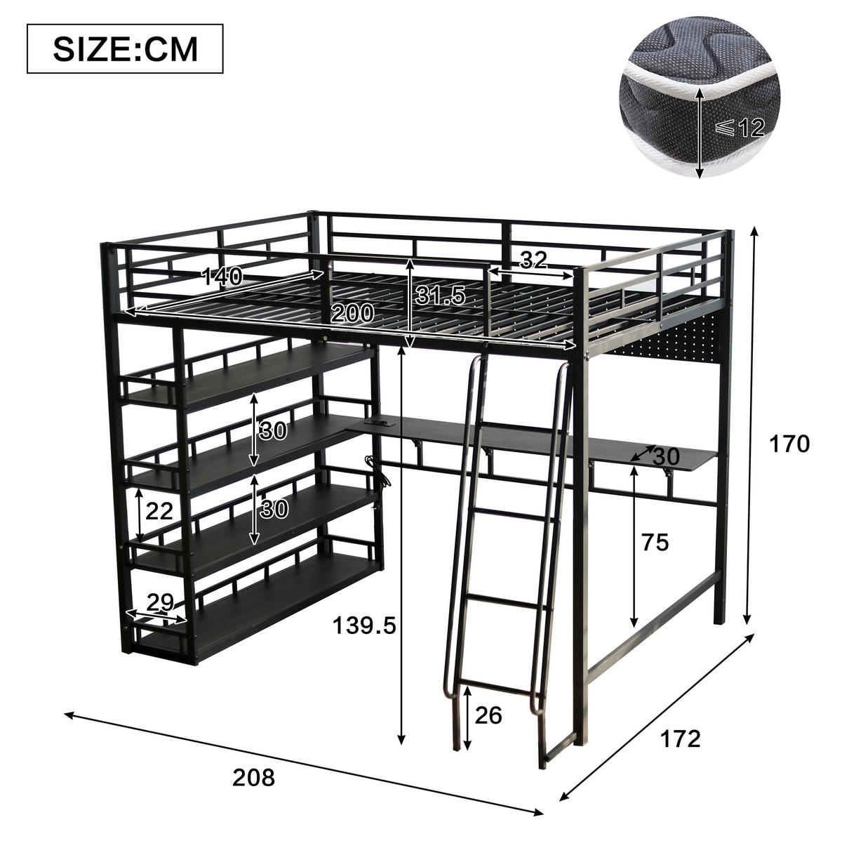 HOCHBETT 140/200 cm aus Eisen und Holzwerkstoff mit Ablagen, Ladeanschluss und Schrägleiter Schwarz - Schwarz, Metall (140/200cm) - Modenvie