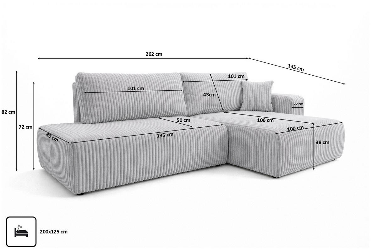 ECKSOFA Mit Schlaffunktion Und Bettkasten, Cordstoff Tilia, Grau, Rechts, OPEN XL - Grau, Holz (262/145cm) - Kaiser Möbel