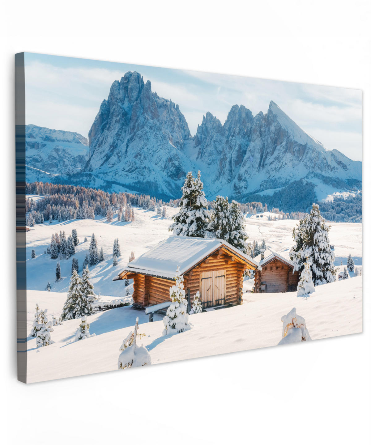 LEINWANDBILD Winter - Hütte - Berge - Aussicht - Schnee Wohnzimmer Groß 120x80 cm - Eichefarben, Textil (120/80cm) - MuchoWow