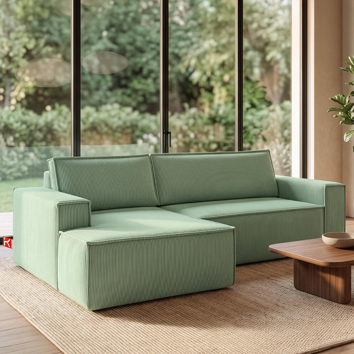 ECKSCHLAFSOFA-LINKS NAPI in Pet Friendly Cord-Stoff, mintfarben - Schwarz/Mintgrün, Textil (262/148cm) - KONSIMO®