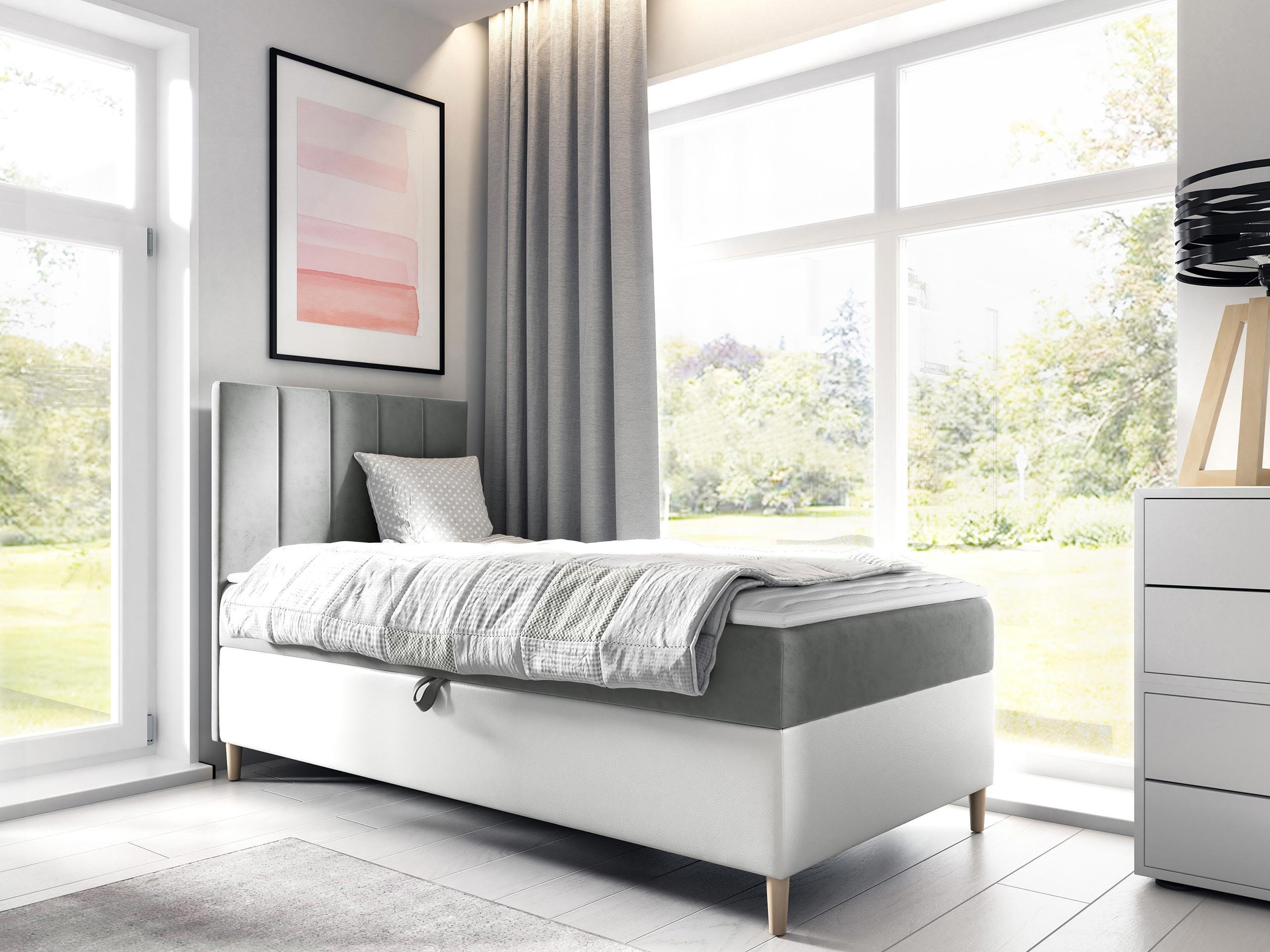 BOXBETT Maja Junior 1, Seite zum Öffnen des Bettkastens: Links - Weiß/Grau, Holz (90/200cm) - MIRJAN24