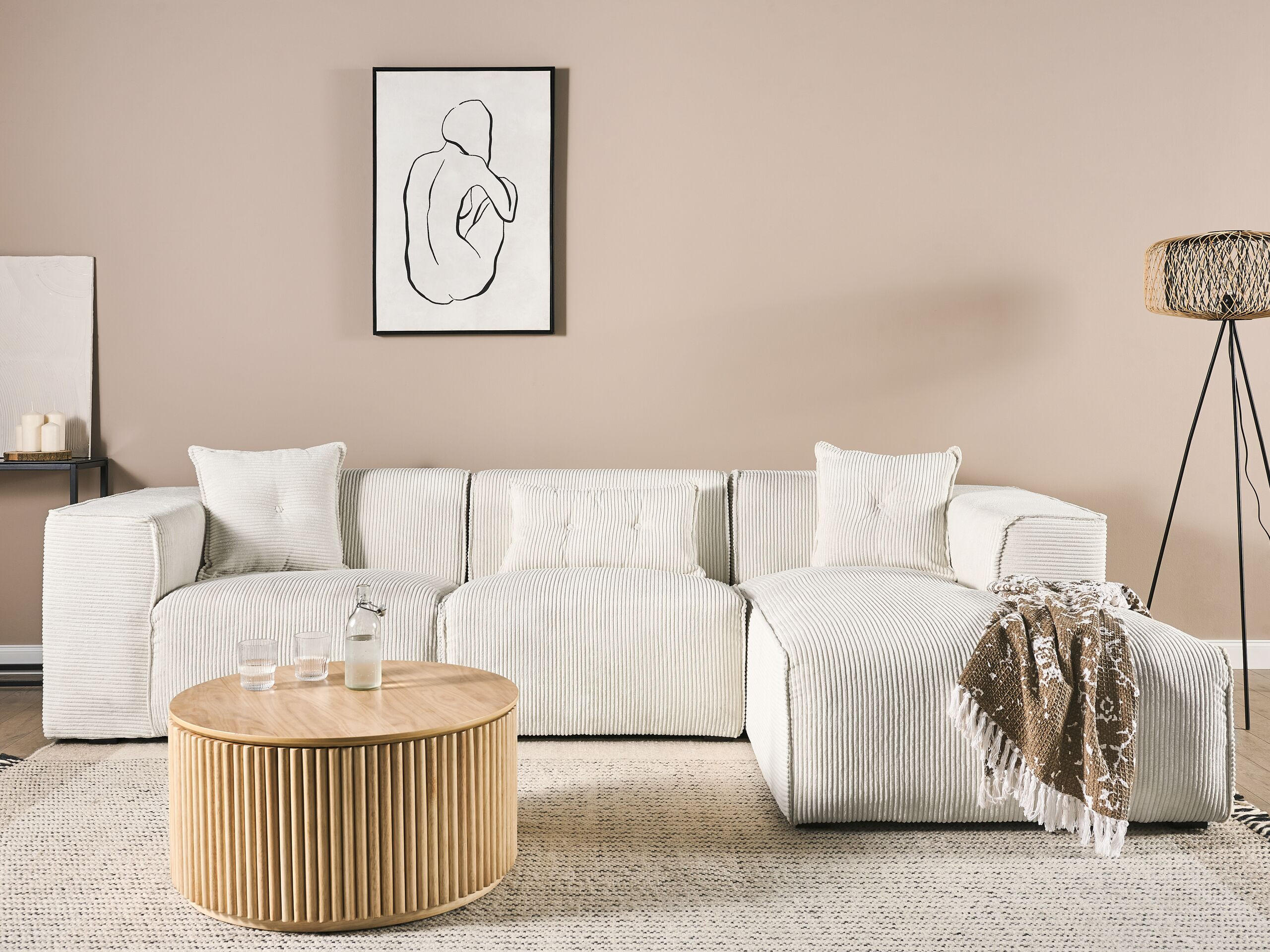ECKSOFA Cord Cremeweiß rechtsseitig Dolva - Weiß, Textil (294/170cm) - Beliani