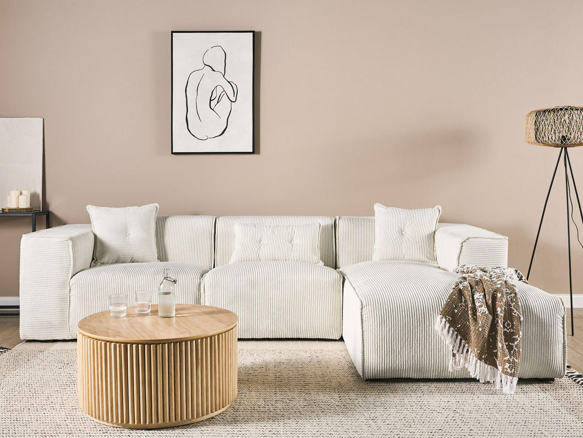 ECKSOFA Cord Cremeweiß rechtsseitig Dolva - Weiß, Textil (294/170cm) - Beliani