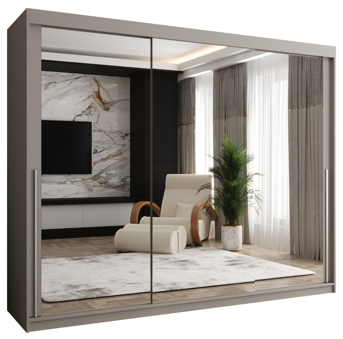 SCHIEBETÜRENSCHRANK mit Spiegel 250 cm Breite Kaschmir mit silbernem Griff - Kaschmir/Silberfarben, Holzwerkstoff (250/200/62cm) - Home Collective