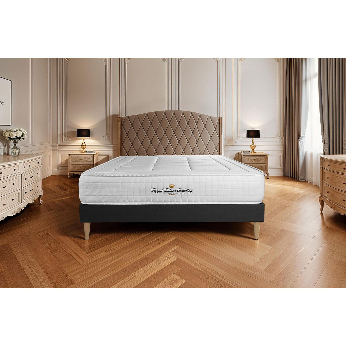 BETT Balmoral Memory-Schaum 180 x 220 cm h3 - Kit Bettgestell Schwarz - Beige/Schwarz, Karton/Holz (180/220cm) - ROYAL PALACE BEDDING