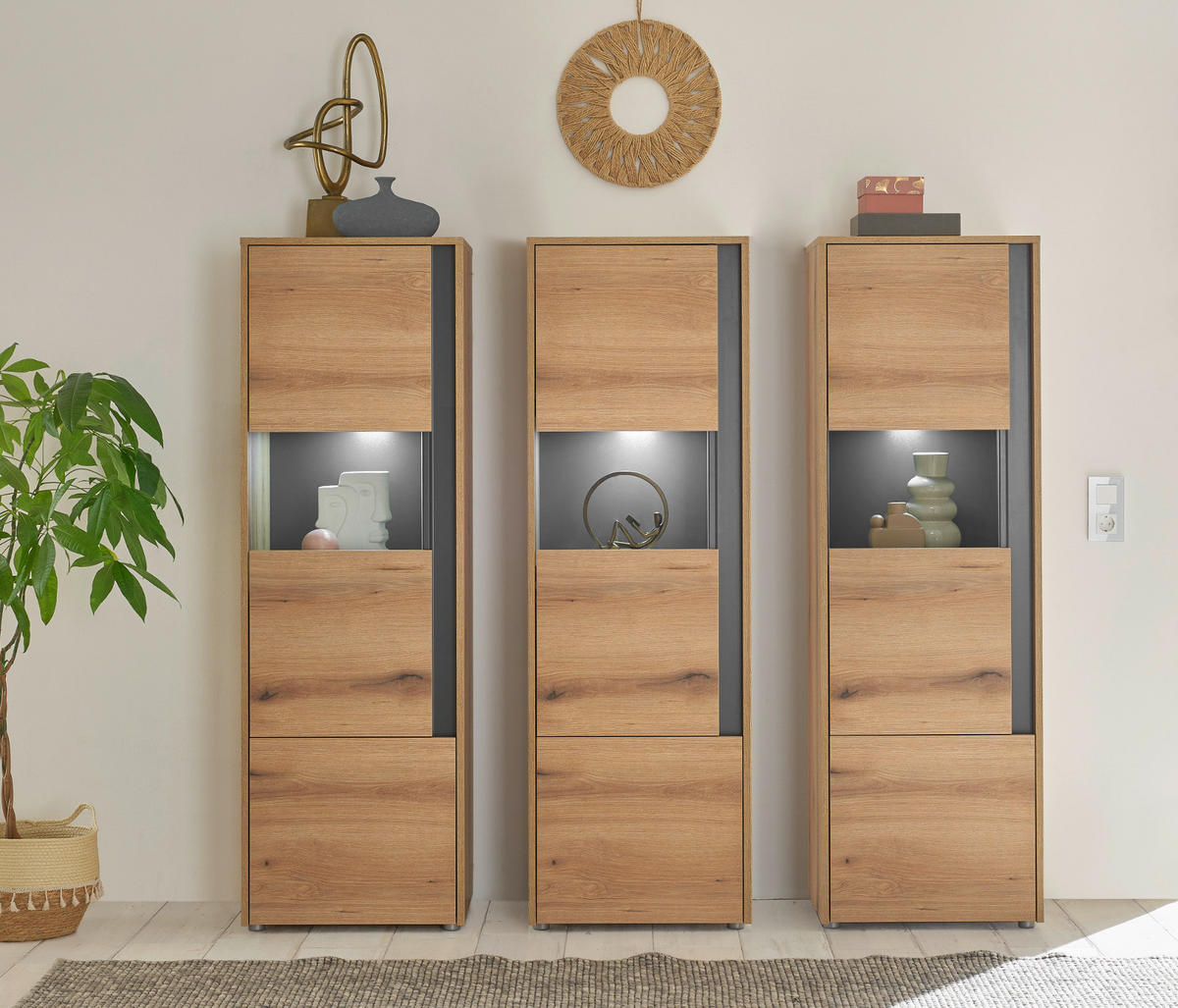 SCHRANK-SET 3-teilig Evoke Eiche, grau, Wohnkombination mit 3 x Vitrine - Eichefarben/Grau, Holz/Holzwerkstoff (190/155/40cm) - Furn.Design