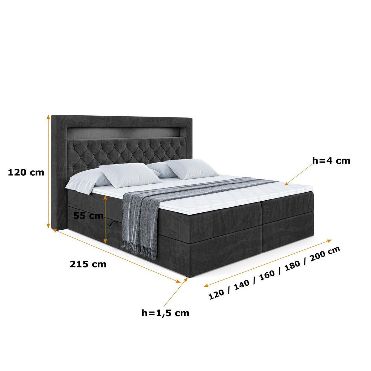 BOXBETT LED mit H4-Matratze und Lattenrost - NOEL GOLD - 180x200 Schwarz - Schwarz, Holzwerkstoff (180/200cm) - ALTDECOR