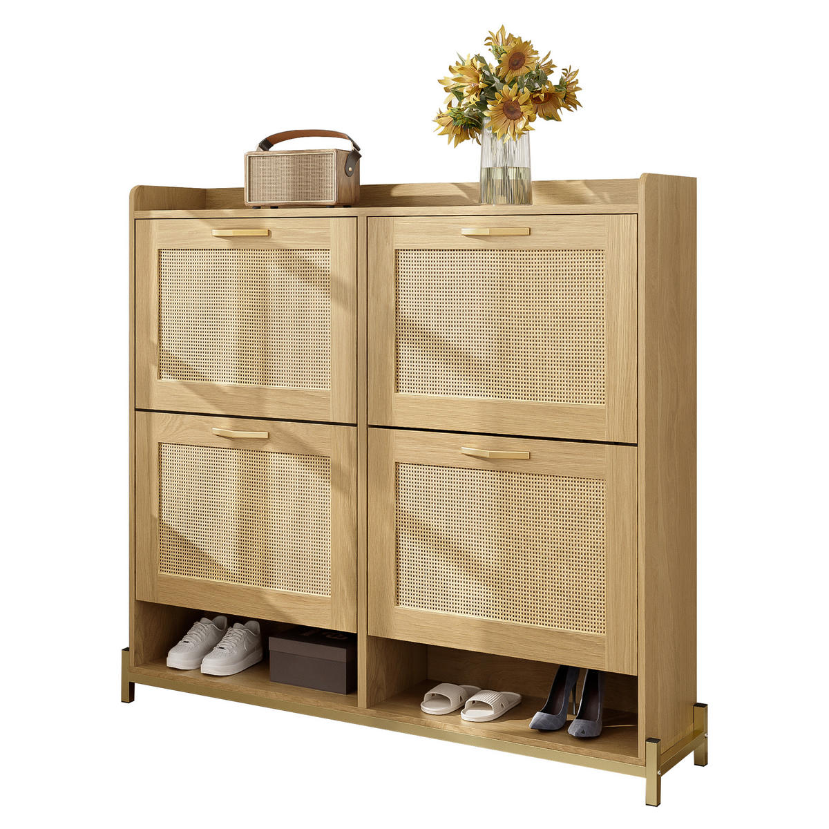 SCHUHSCHRANK Holz Rattantüren 4 Türen Metallrahmen Regal - Hellbraun, Holzwerkstoff (24/100/108.5cm) - FLIEKS