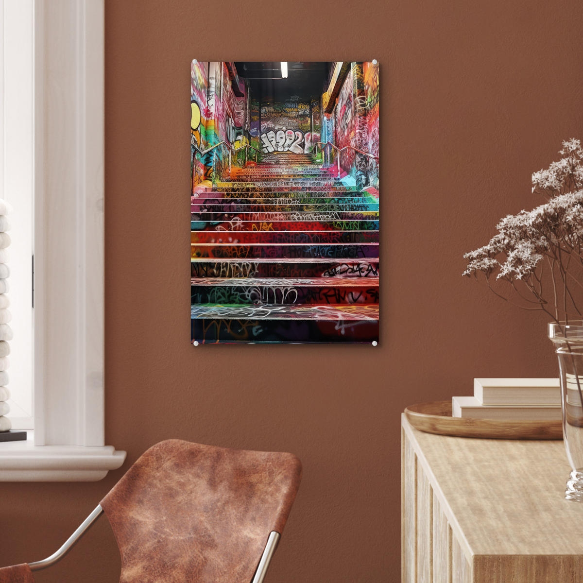 ACRYLGLASBILD Treppe - Graffiti - Farben - Kunst 40x60 cm - Multicolor, Glas (40/60cm) - MuchoWow