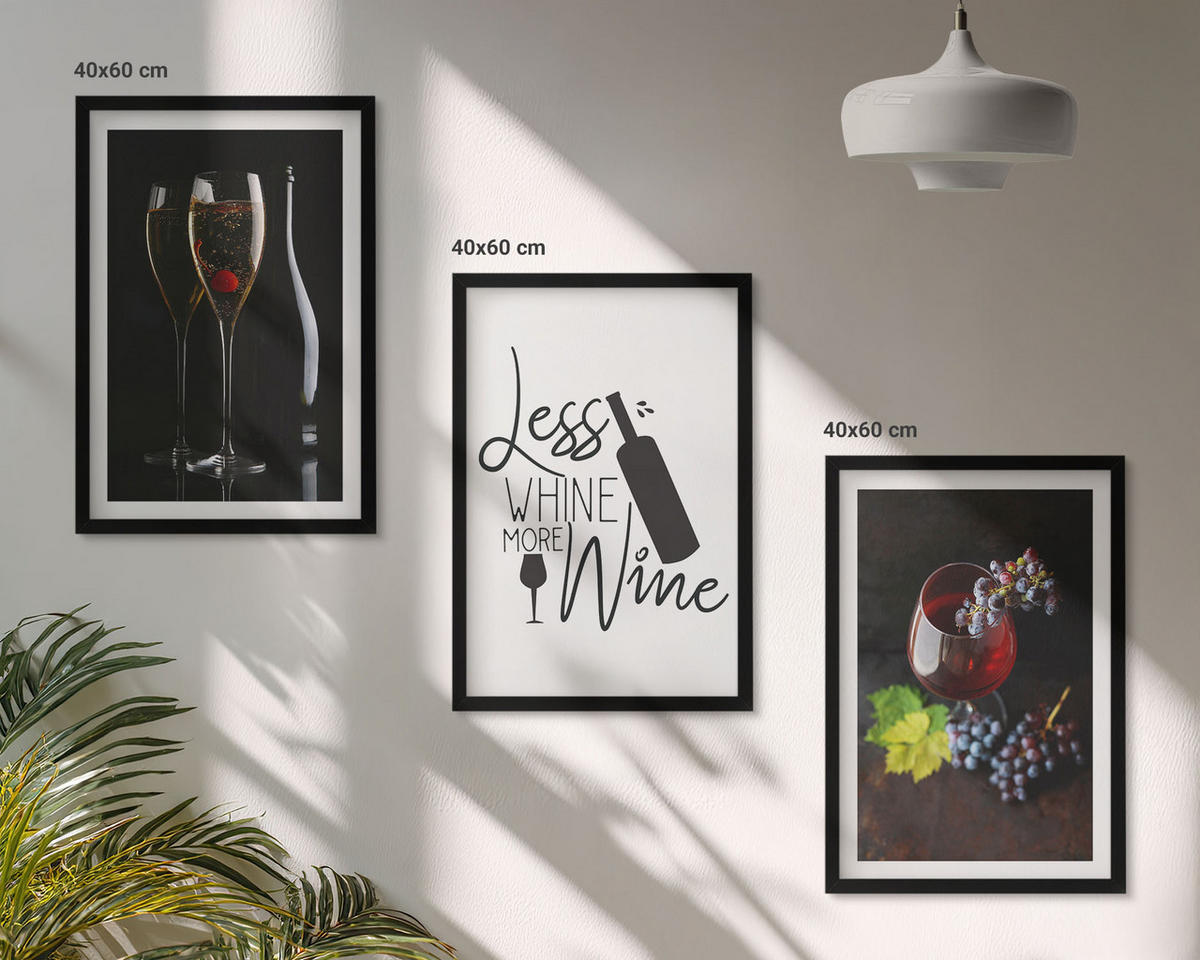 WANDBILDER 3er-Set - 40x60 cm Schwarzer Rahmen - Weingläser mit Trauben und Inschrift - Schwarz, Kunststoff (40/60cm) - ArtPrintCave
