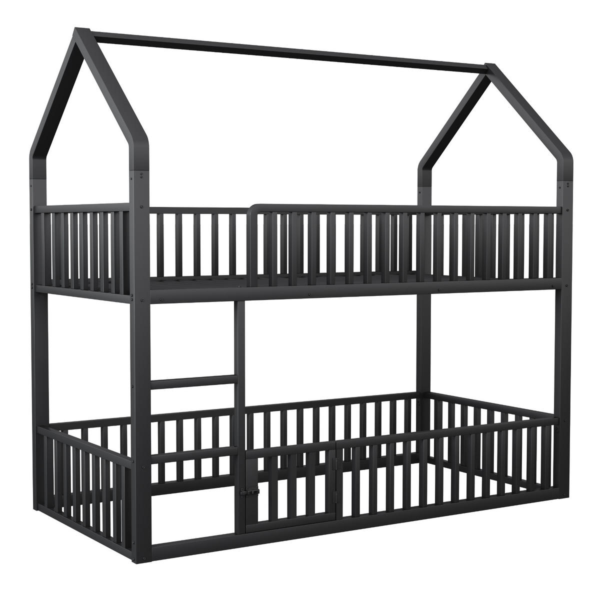 ETAGENBETT 90/200 cm in Schwarz mit Leiter und Tür aus Metall - Schwarz, Metall (90/200cm) - CHICFURN