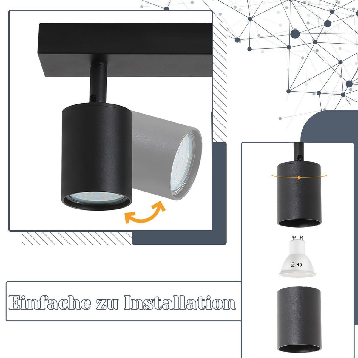 DECKENSTRAHLER Hyuga 59/9.5/6.5cm - Schwarz, Metall (59/9.5/6.5cm) - ZMH