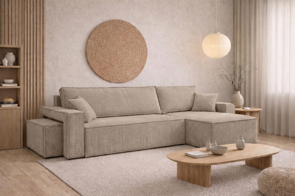 ECKSOFA Mit Schlaffunktion Und Pouf, Cordstoff Poso, Dunkelbeige, Rechts, Best L Mit Pouf - Beige, Holz (244/145cm) - Kaiser Möbel