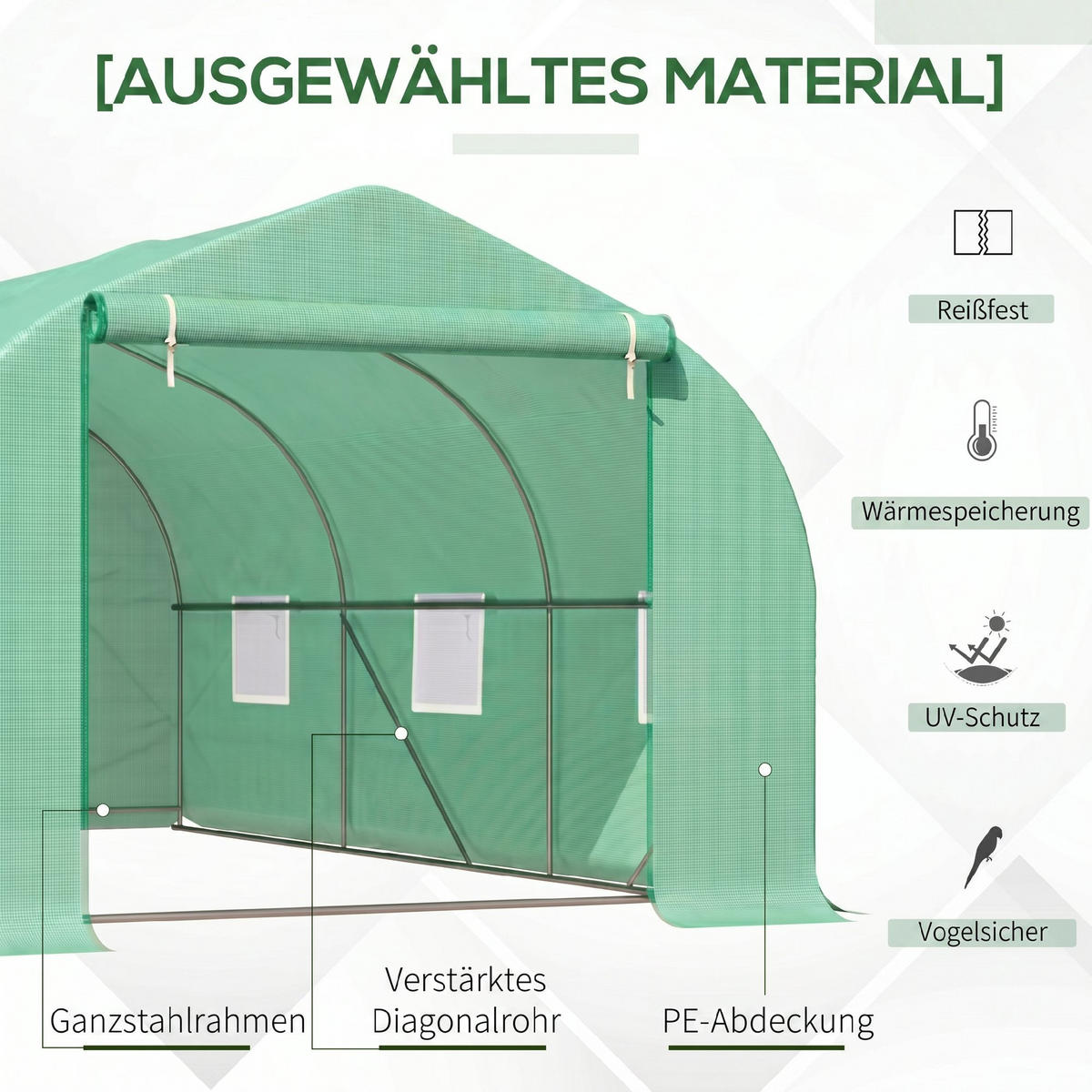 GEWÄCHSHAUS DE-05746 4,5x3x2 m, Rolltür, 6 Netzfenster Grün - Grün, Kunststoff/Metall (300/205/450cm) - ComfortXL