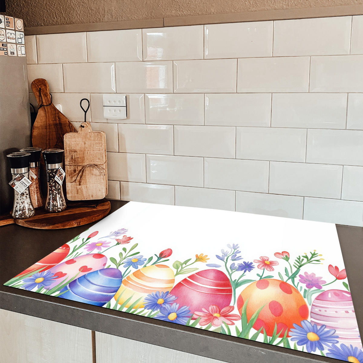 HERDABDECKPLATTE Blumengarten - Bunt - Eier Induktionsmatte 77x59 cm - Weiß, Kunststoff (77/59/0.2cm) - MuchoWow