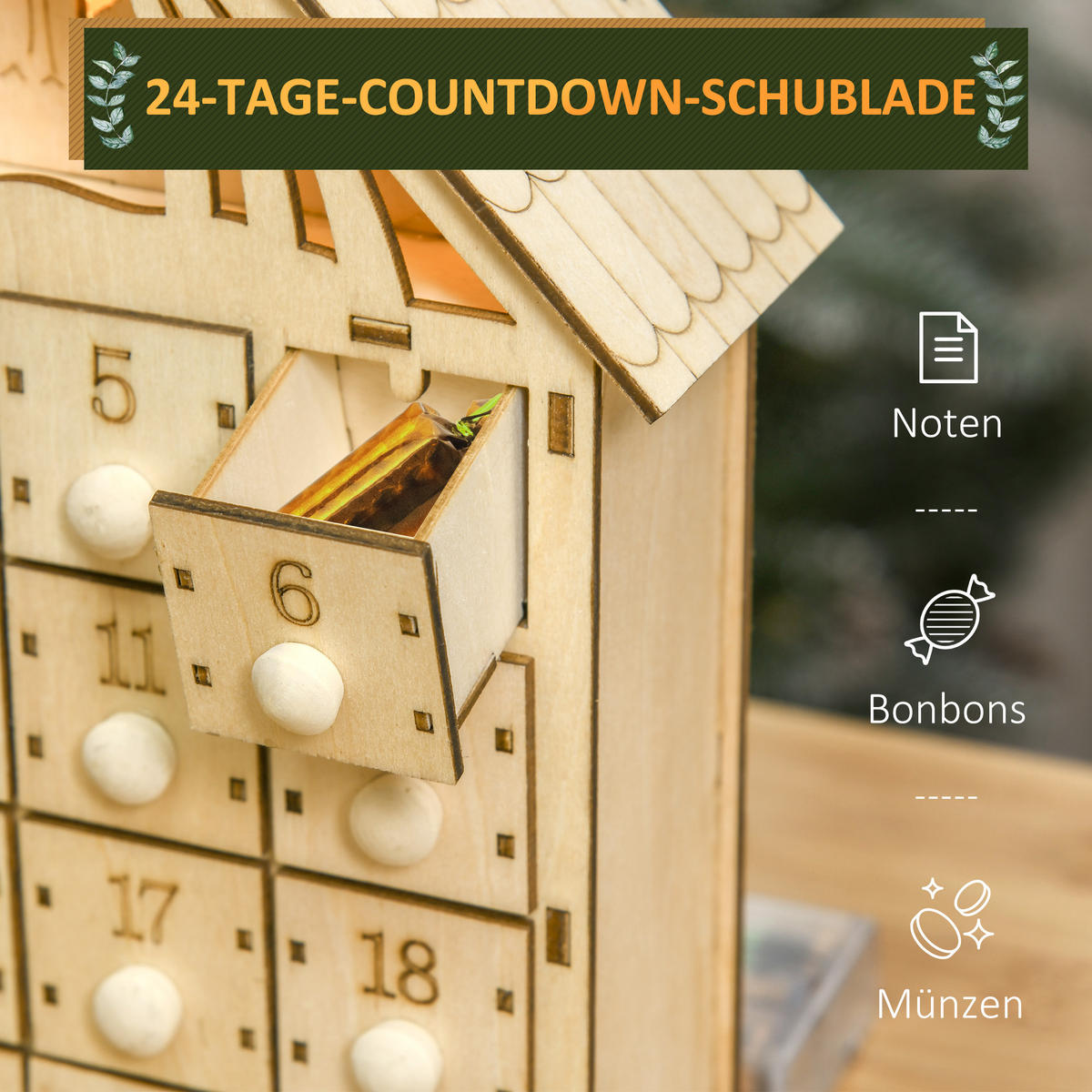 WEIHNACHTS-ADVENTSKALENDER - Naturfarben, Holz (6/30/26.6cm) - HOMCOM