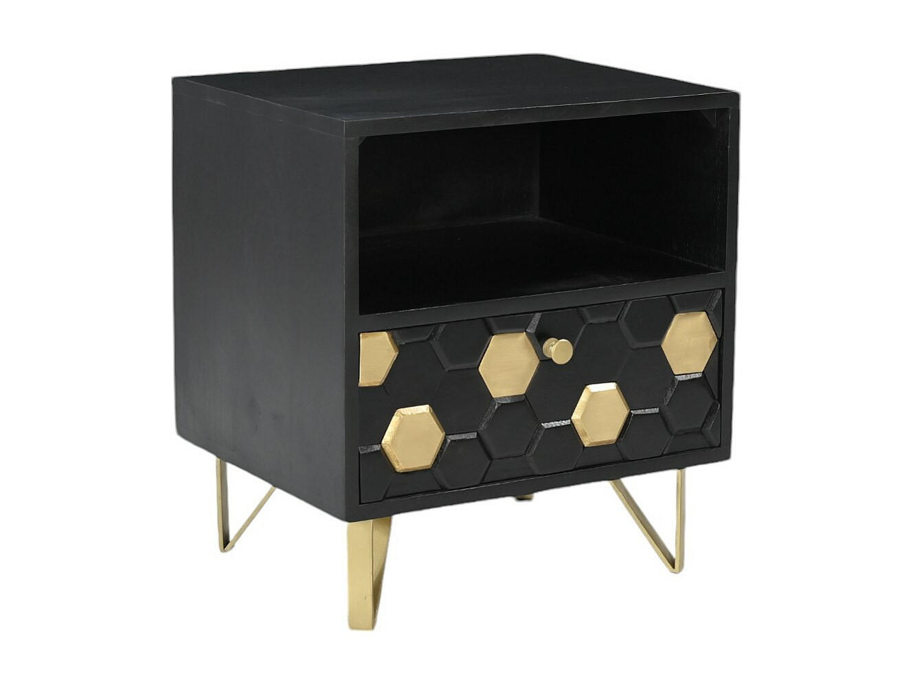 NACHTTISCH mit 1 Schublade & 1 Ablagefach - Mangoholz & Metall - Schwarz & Goldfarben - BELORI - Schwarz, Holz (945/50/38cm) - Vente-Unique