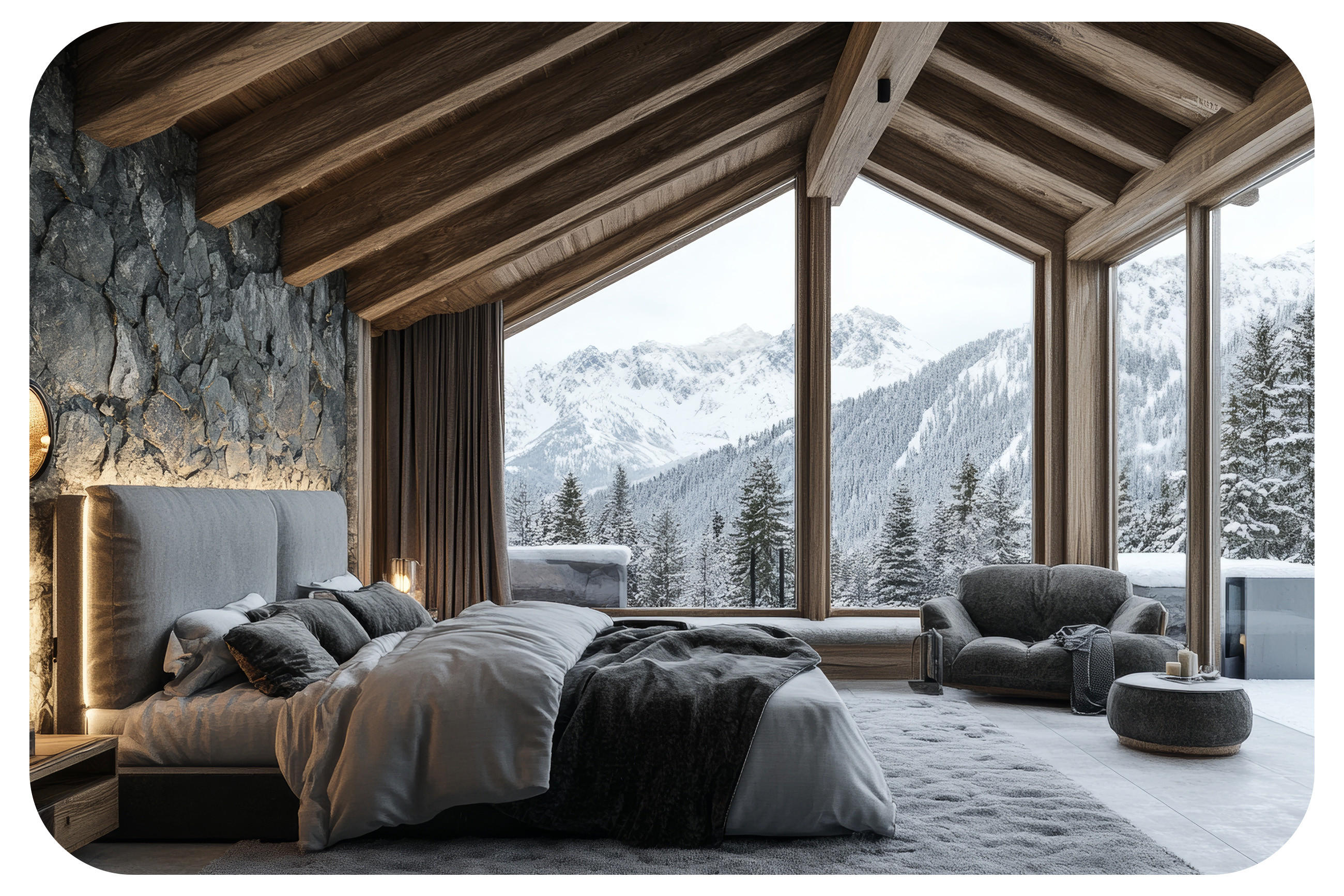 Kuscheliges Schlafzimmer mit warmem Licht und Blick auf verschneite Berge