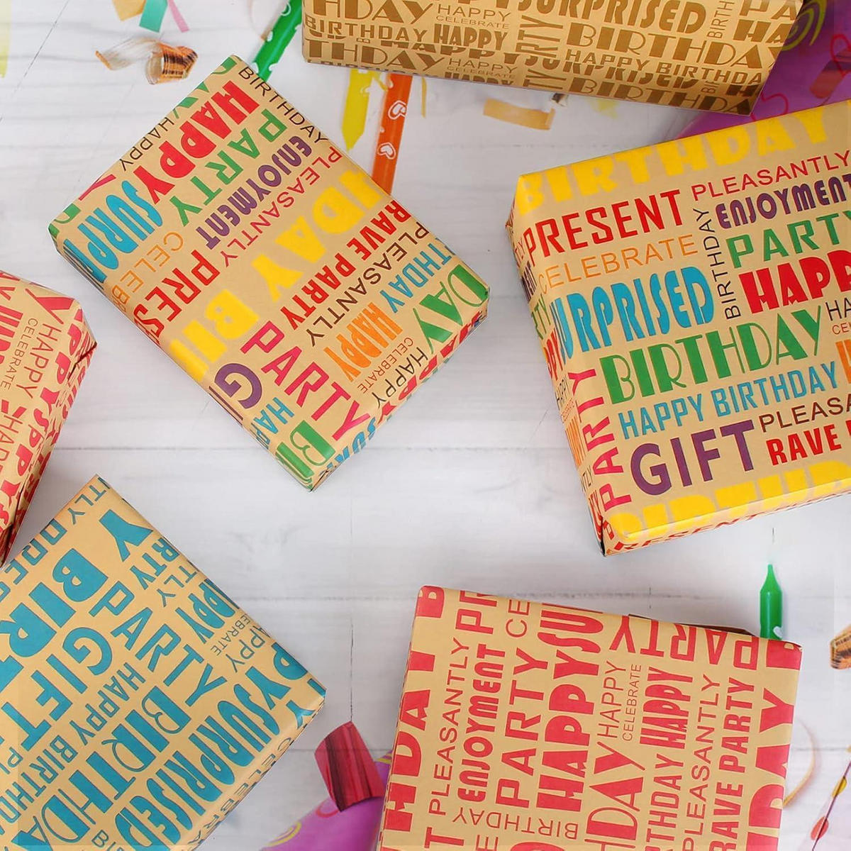 GESCHENKPAPIER Set Geburtstag 5 Blatt mit Band und Aufklebern - Multicolor, Papier (22/1/33cm)