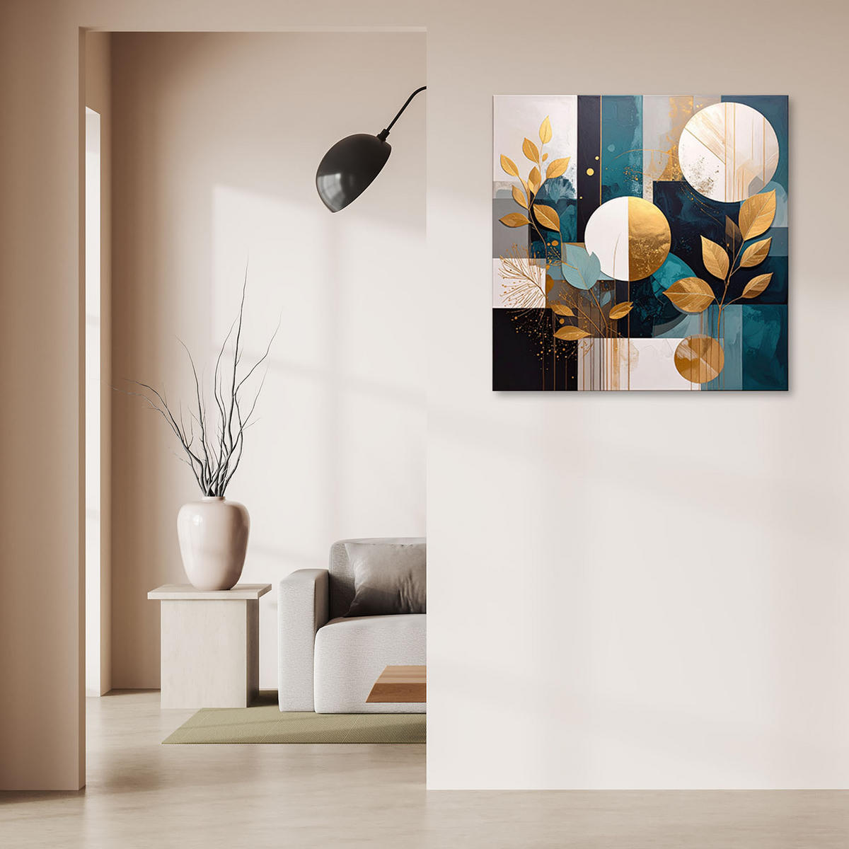 WANDBILD, Abstrakt Kreise Blätter in Türkis und Beige - Grün, Textil (40/40cm) - Feeby