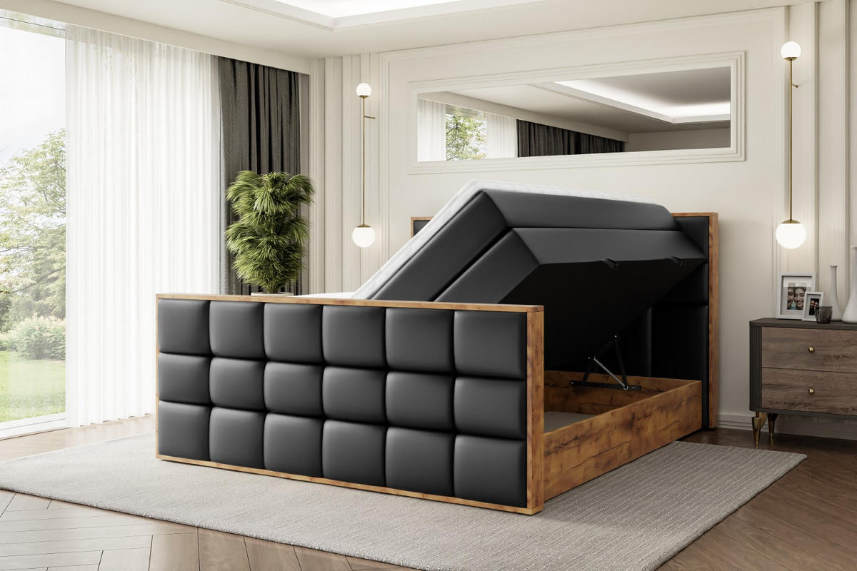BOXSPRINGBETT mit Matratze H3|H4 und Lattenrost - LOLLI2-Z KING-160x200 - Schwarz Kunstleder - Schwarz, Holzwerkstoff (160/200cm) - ALTDECOR