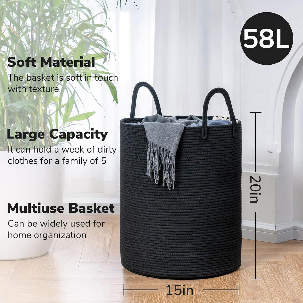 WÄSCHEKORB Baumwollseil Schwarz 38 x 50 cm - Schwarz, Textil (38/51/38cm)