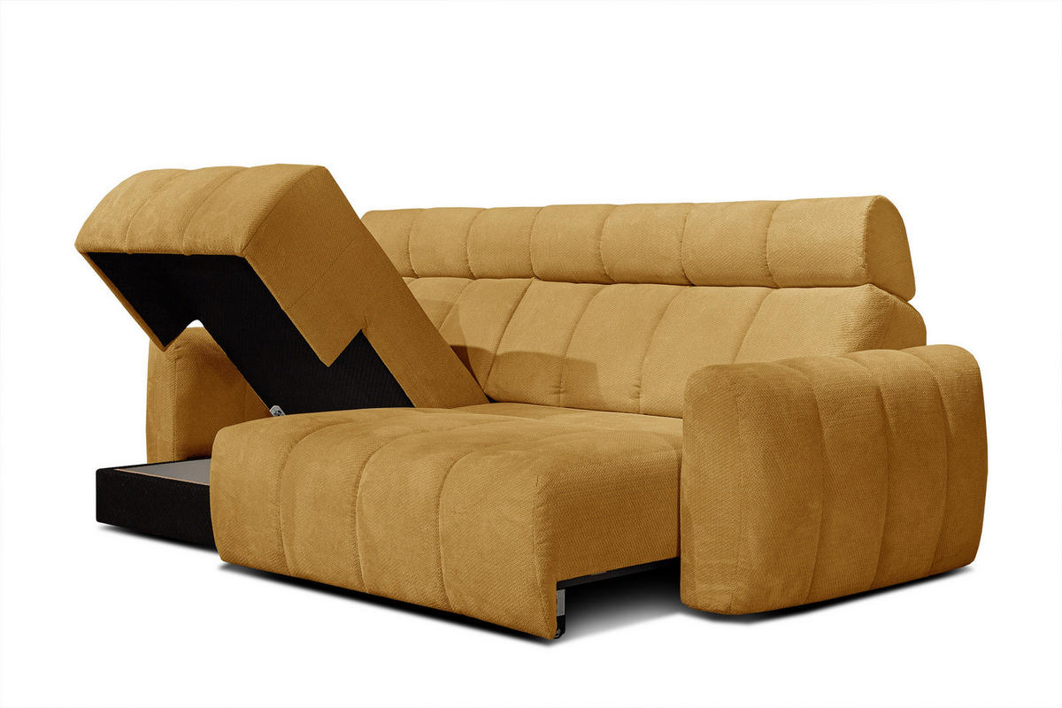 ECKSOFA KIMI 3-Sitzer, ausziehbarer Sitz, verstellbare Kopfstützen, senfgelb - Gelb/Schwarz, Holzwerkstoff/Textil (270/160cm) - Courtois Laville