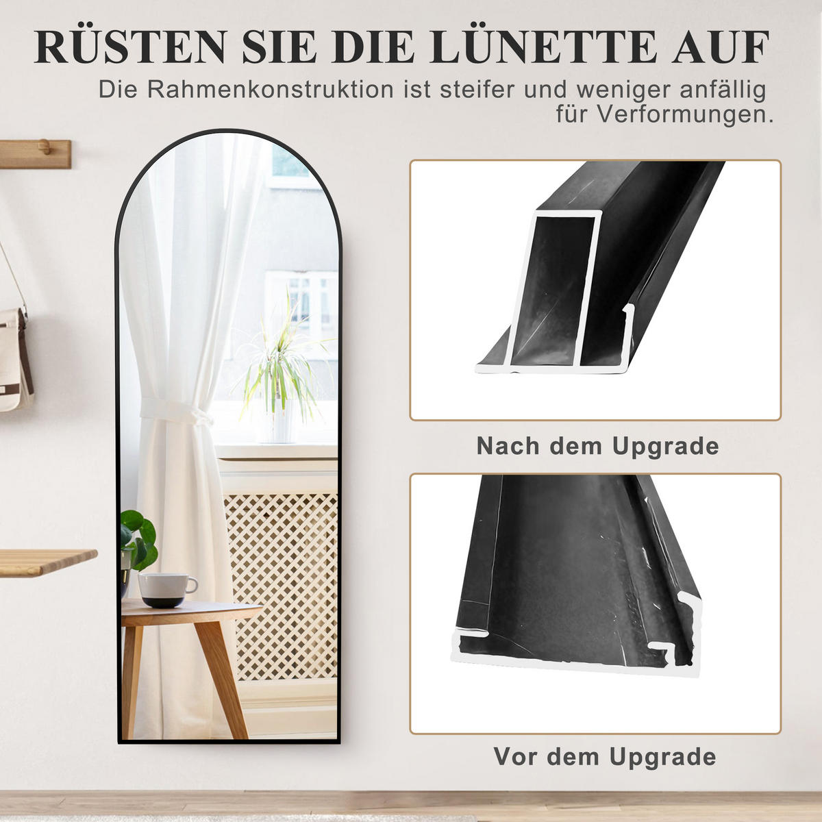 STANDSPIEGEL 164 x 54 cm, gewölbter Ganzkörperspiegel, freistehend/zur Wandmontage, Ankleidespiegel, schwarz - Schwarz, Glas/Metall (54/164/3cm) - WoodenAura