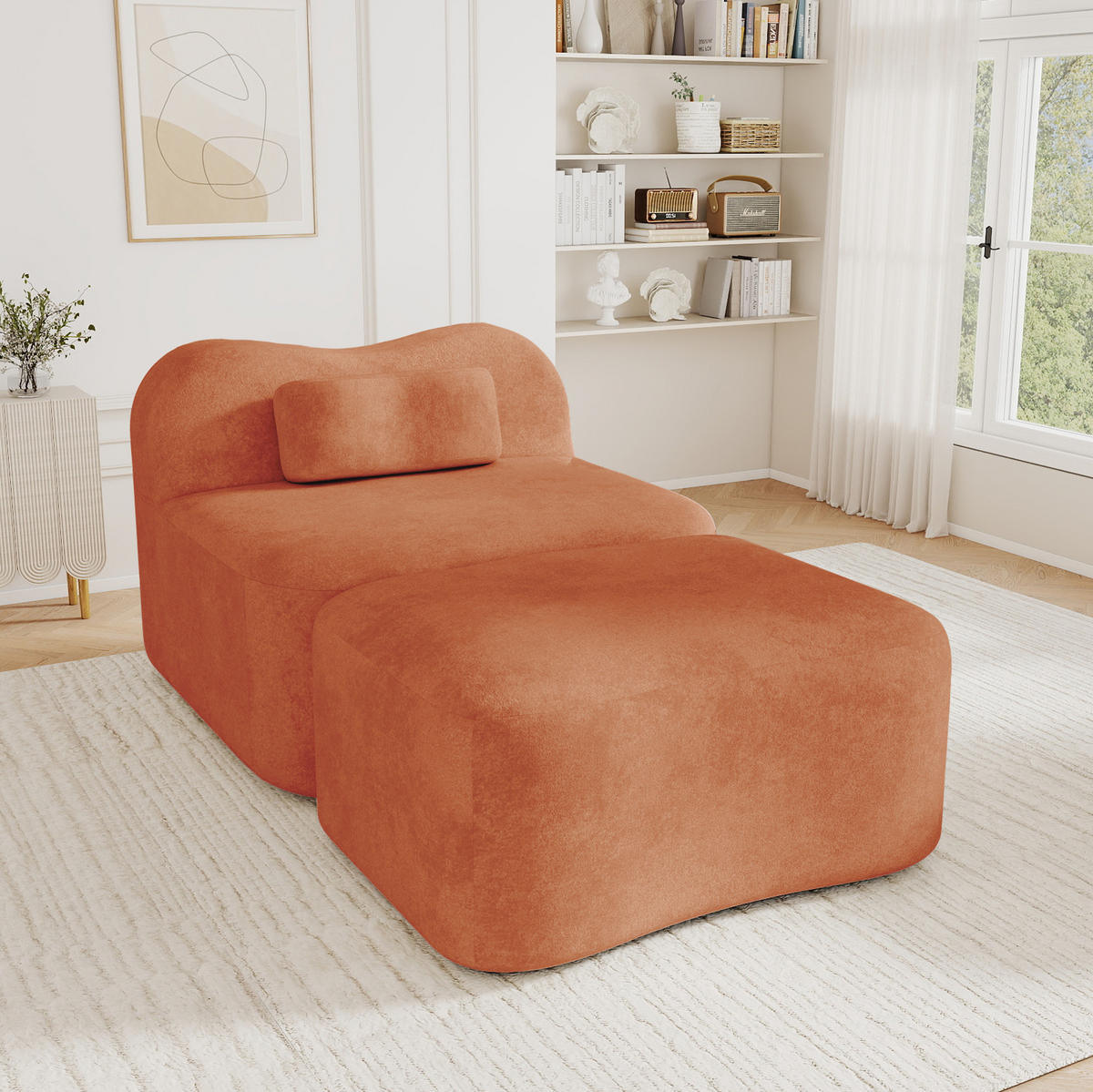 POHOVKA s taburetom zo zamatu v oranžovej farbe - oranžová, textil (167/70/96cm) - Flora Grace
