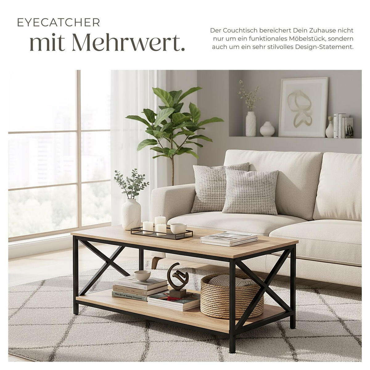COUCHTISCH Pittsburgh,100 x 55 x 45,5 cm,Industrial Holz hell, Eiche Sonoma - Naturfarben, Holzwerkstoff (100/55/45.5cm) - tectake