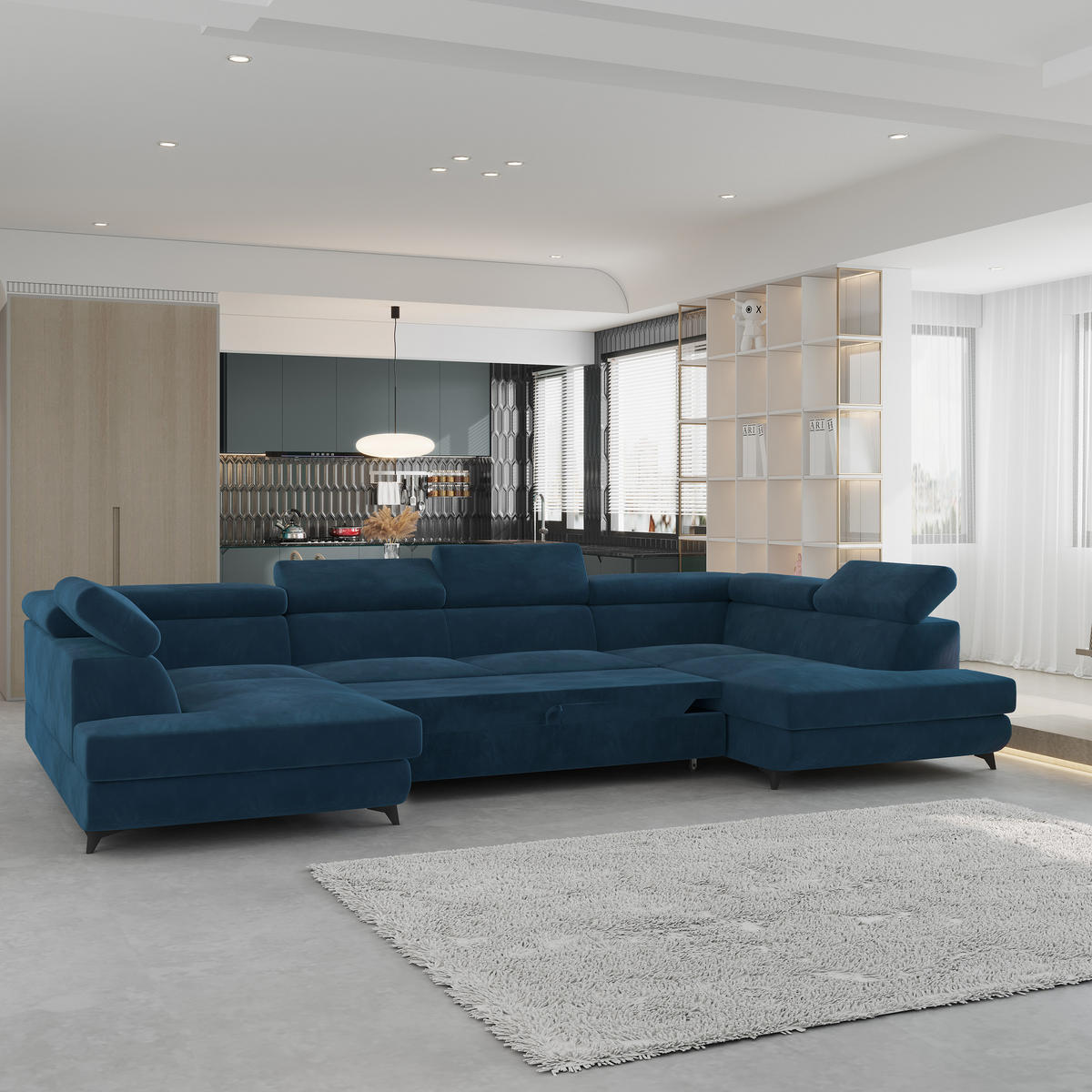 WOHNLANDSCHAFT VINTESSA Blau Velours-Stoff mit Schlaffunktion - Blau, Holz (323/89/190cm) - MASSENO