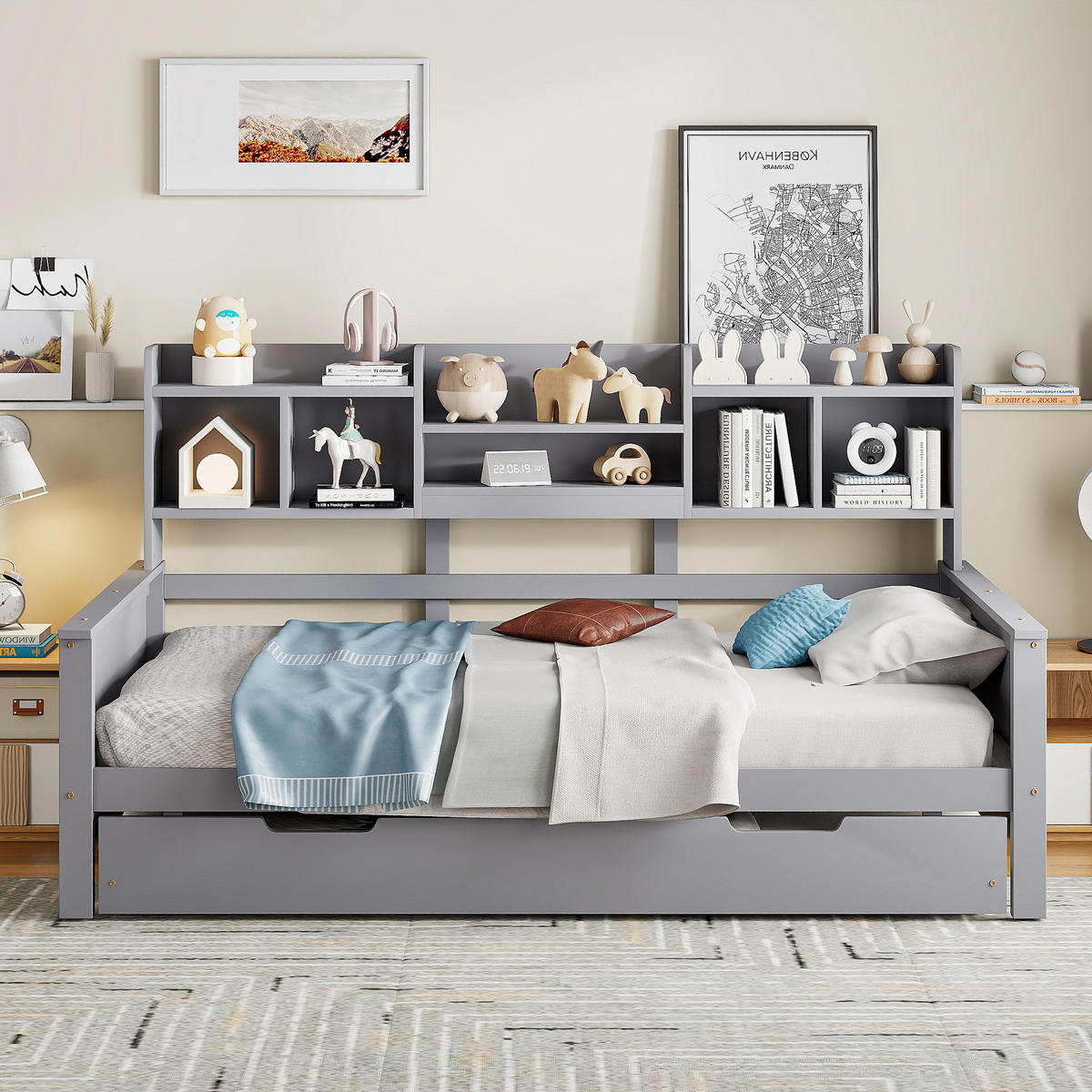 BETT mit integriertem Regal und Ausziehfunktion Kiefernholz Grau 90/200 cm - Grau, Holz (90/200cm) - OKWISH