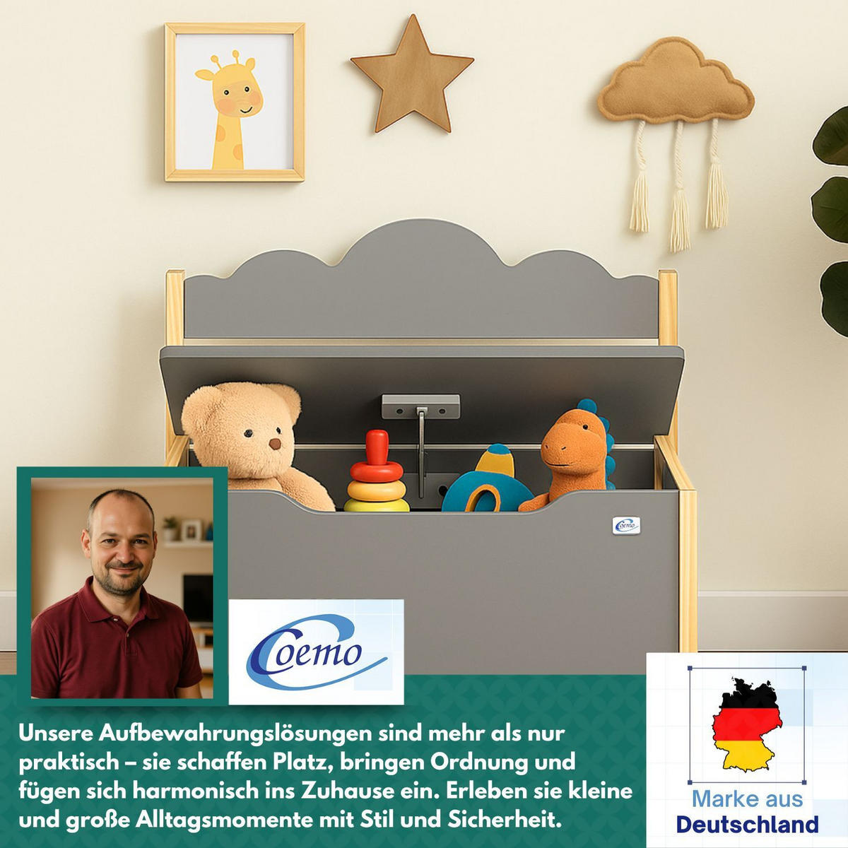 KINDERSITZBANK TRUDI Spielzeugtruhe in Grau - Grau, Holzwerkstoff (26/55/60cm) - Coemo