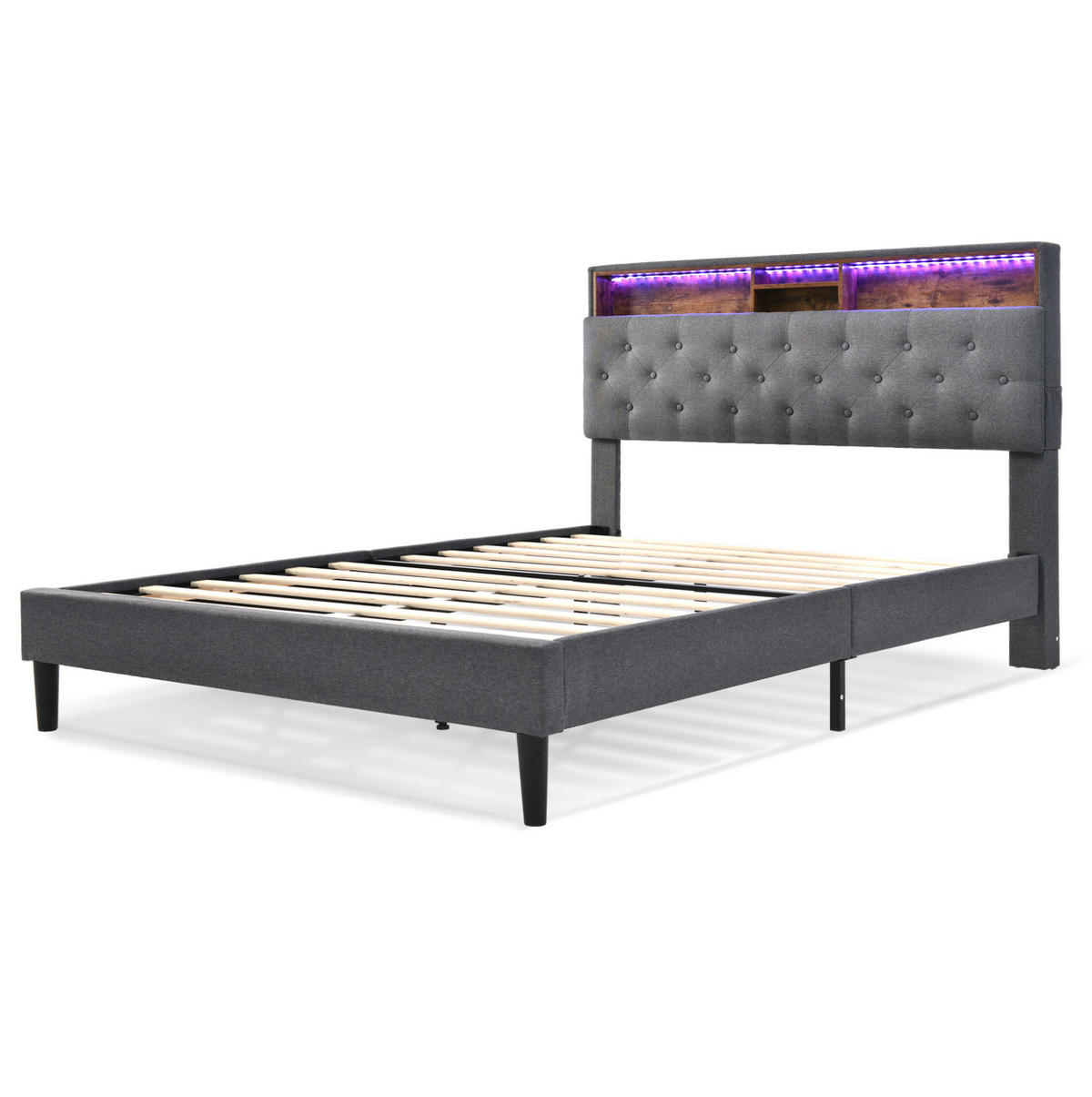 POLSTERBETT 140/200 cm Grau mit Stauraum-Kopfteil und LED-Beleuchtung Ohne Matratze - Grau, Holz (140/200cm) - OKWISH