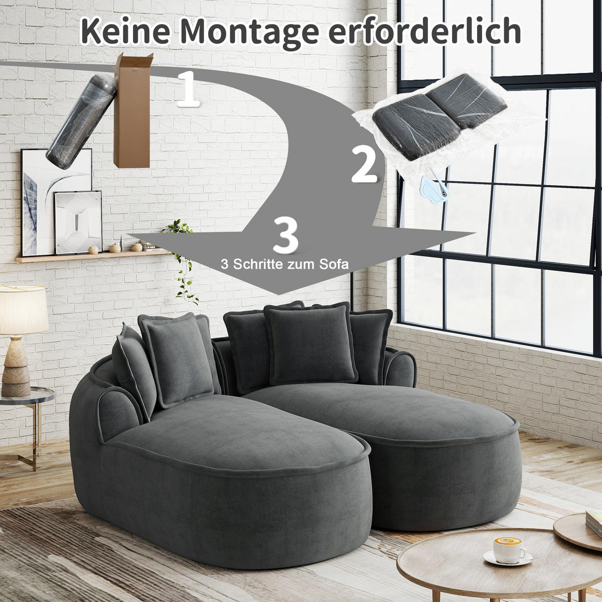 2-SITZER Sofa 184x164x67 cm aus Chenille-Stoff rahmenlos modular, grau - Grau, Textil (164/67/184cm) - Luhomfu