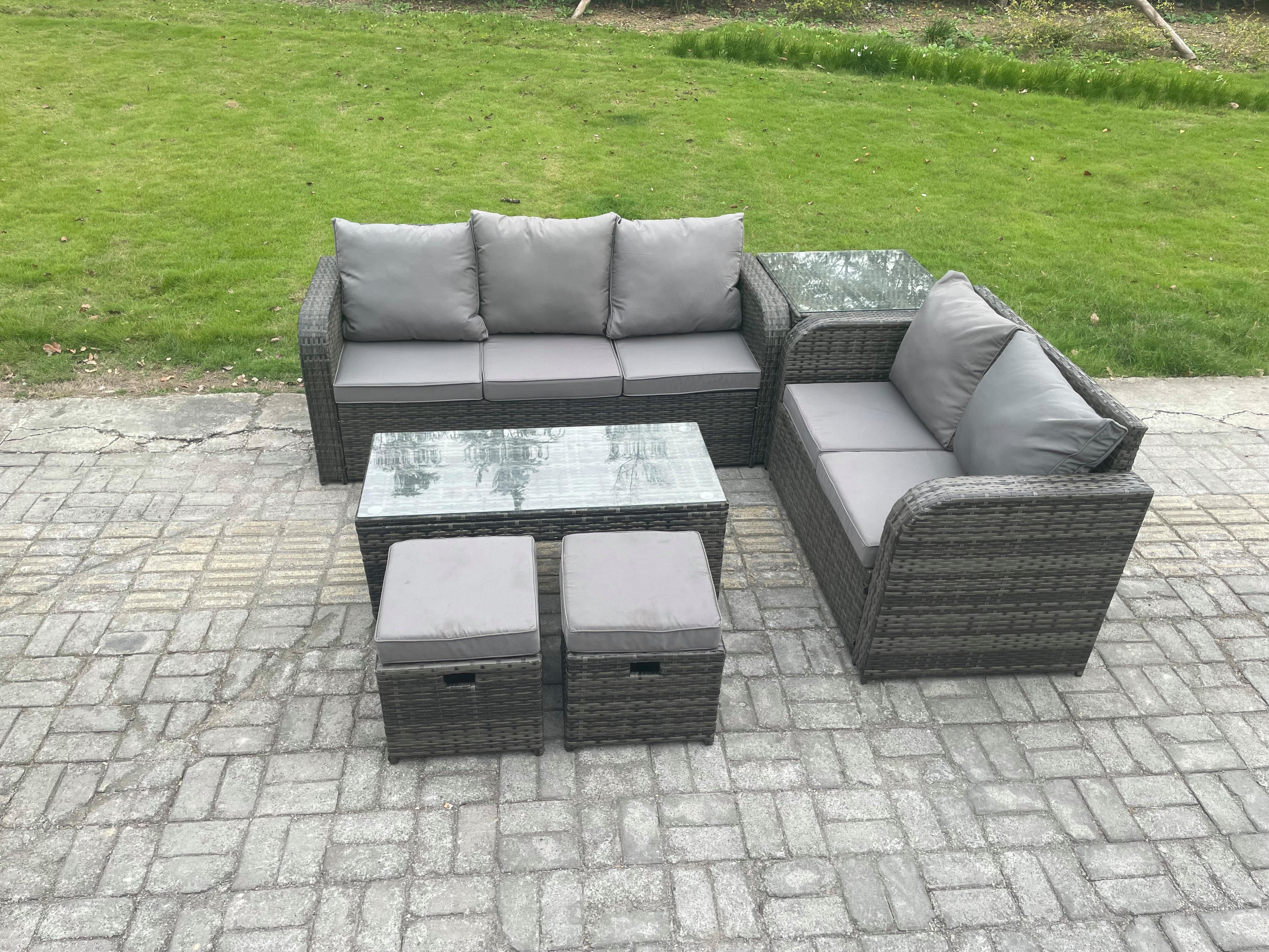 GARTENSOFA SET mit COUCHTISCH BEISTELLTISCH Polyrattan 7-Sitzer - Dunkelgrau/Grau, Glas/Kunststoff - Fimous