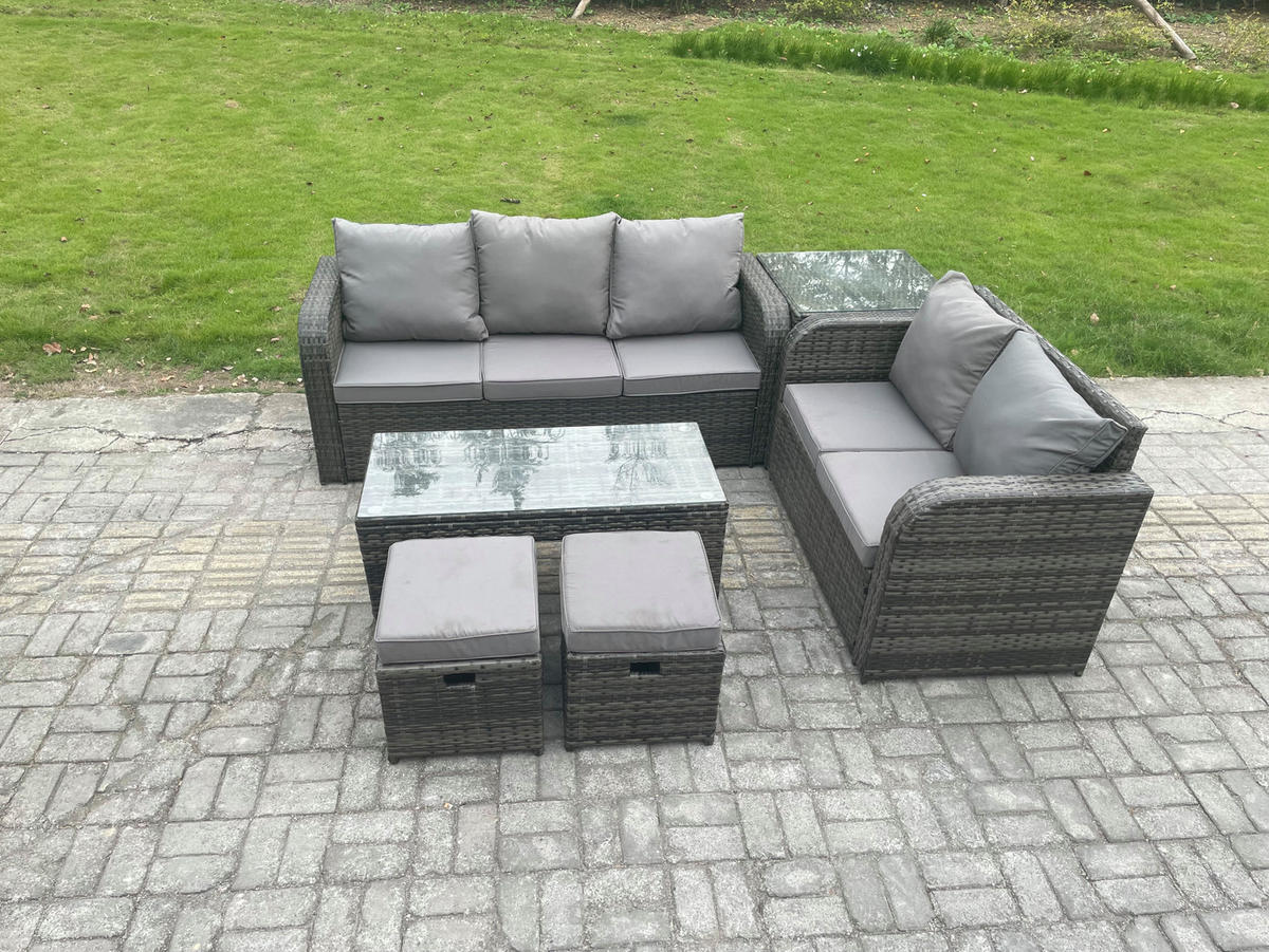 GARTENSOFA SET mit COUCHTISCH BEISTELLTISCH Polyrattan 7-Sitzer - Dunkelgrau/Grau, Glas/Kunststoff - Fimous