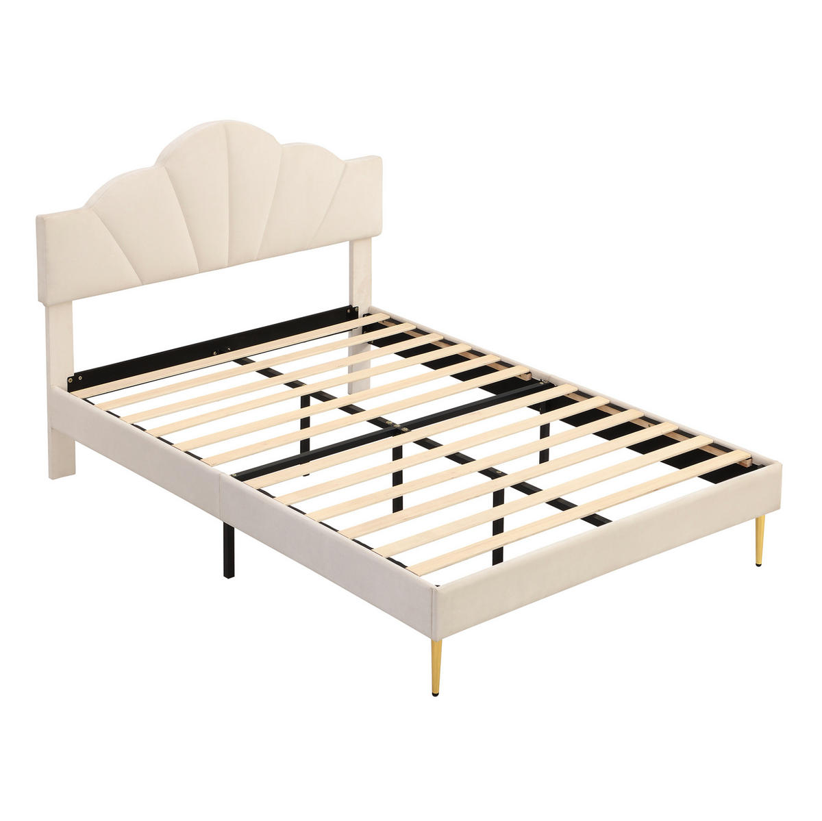 POLSTERBETT 140/200 cm aus Samt mit verstellbarem Kopfteil und goldfarbenen Metallbeinen, Beige - Beige, Textil (140/200cm) - Redom