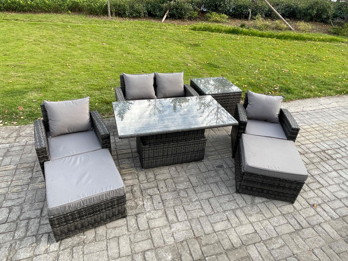 GARTENMÖBEL Set Polyrattan Dunkelgrau 6-Sitzer - Dunkelgrau, Metall - Fimous