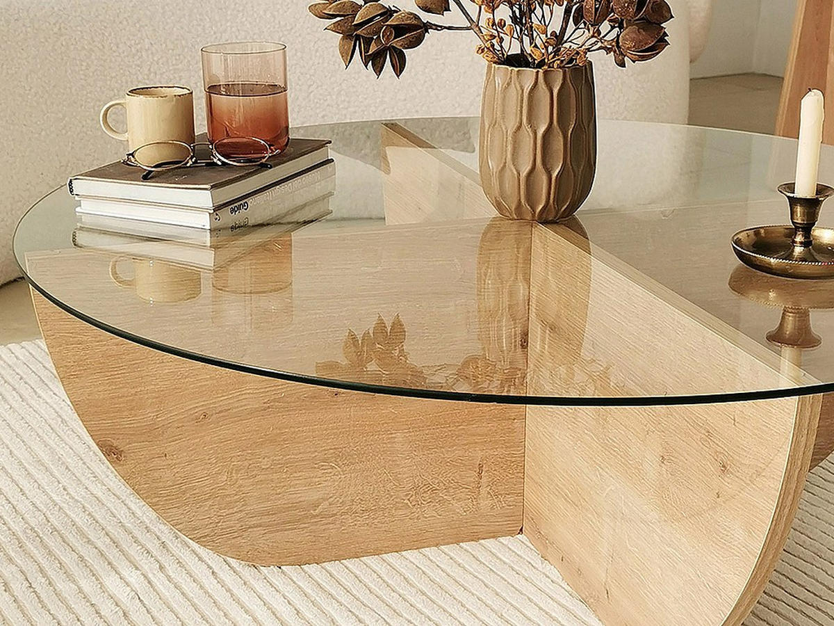 COUCHTISCH - Sicherheitsglas - Holzfarben hell & Transparent - AYSUN - Hellbraun, Holz (90/90/30cm) - Vente-Unique