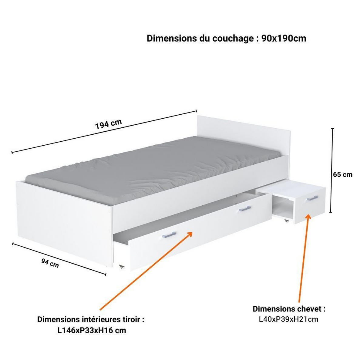 BETT TWIST mit Nachttisch und Schublade/ Bett 90X190 - Weiß - Weiß, Holzwerkstoff (90/190cm) - Weber Industries