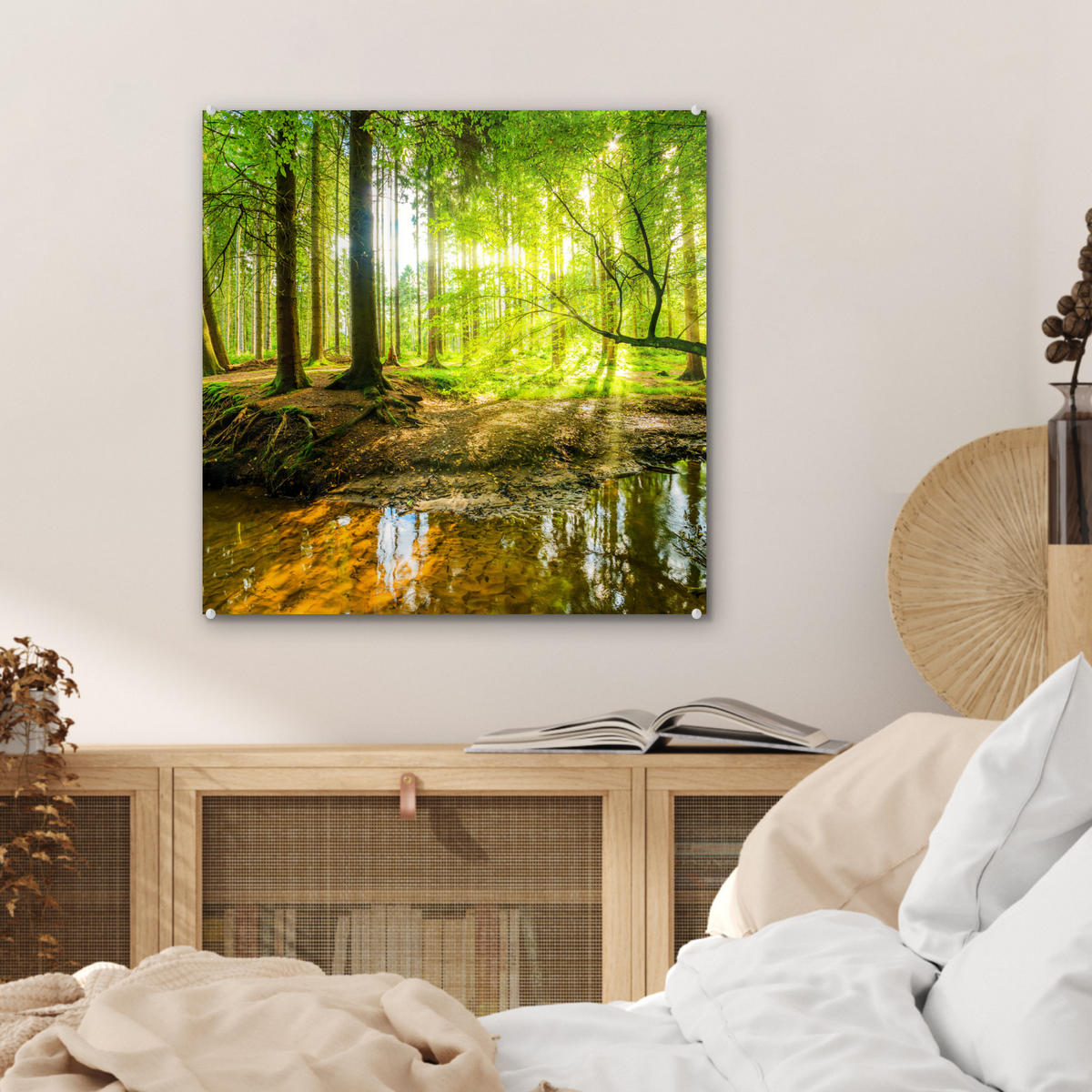 ACRYLGLASBILD Wald - Landschaft - Wasser - Bäume - Sonne - Grün - Natur 50x50 cm - Grün, Glas (50/50cm) - MuchoWow