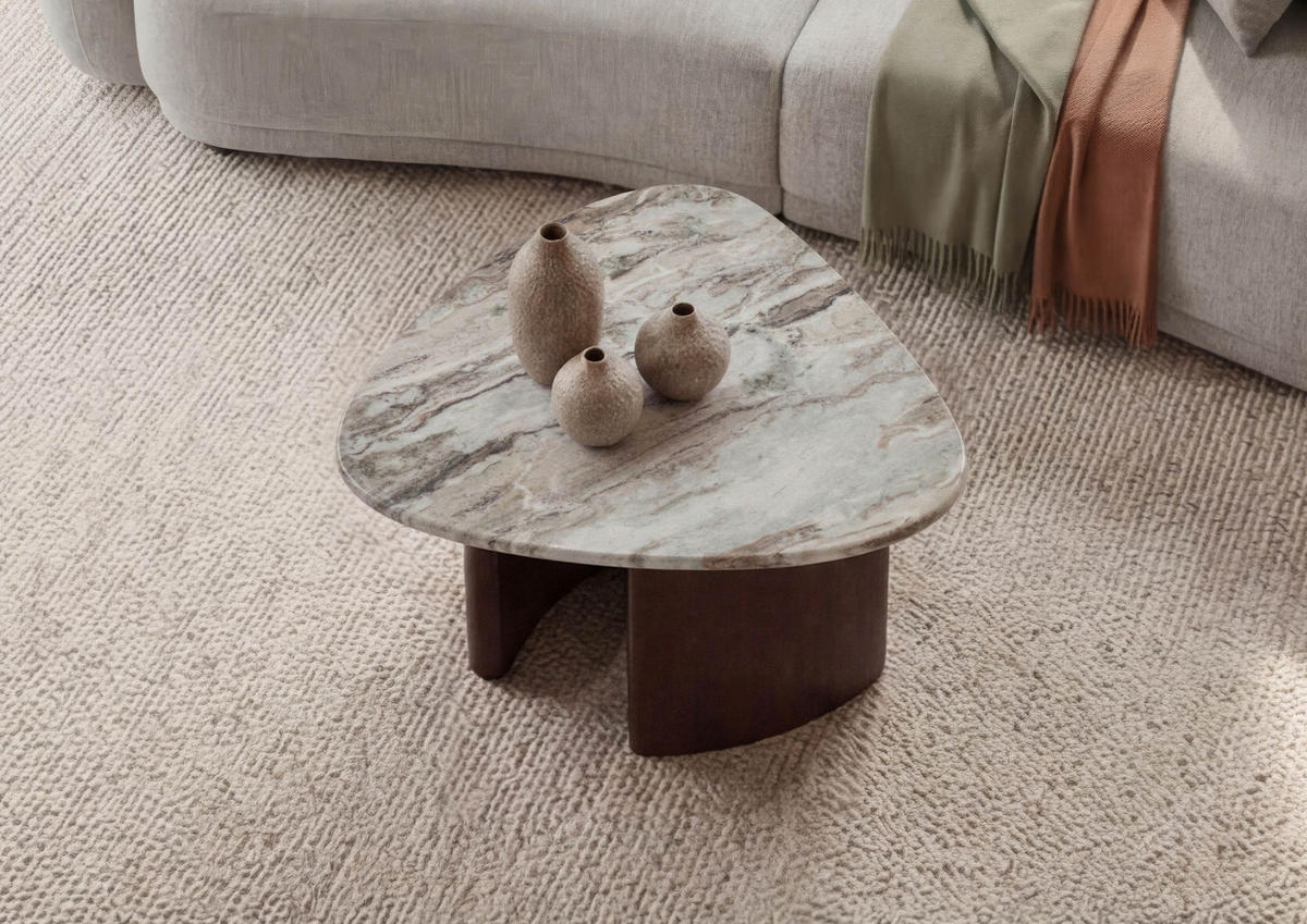 COUCHTISCH Akazie 65x65x41 braun lackiert / Marmor beige ORGANIC COLLECTION #36 - Braun, Holz (65/65/41cm) - Massivmoebel24