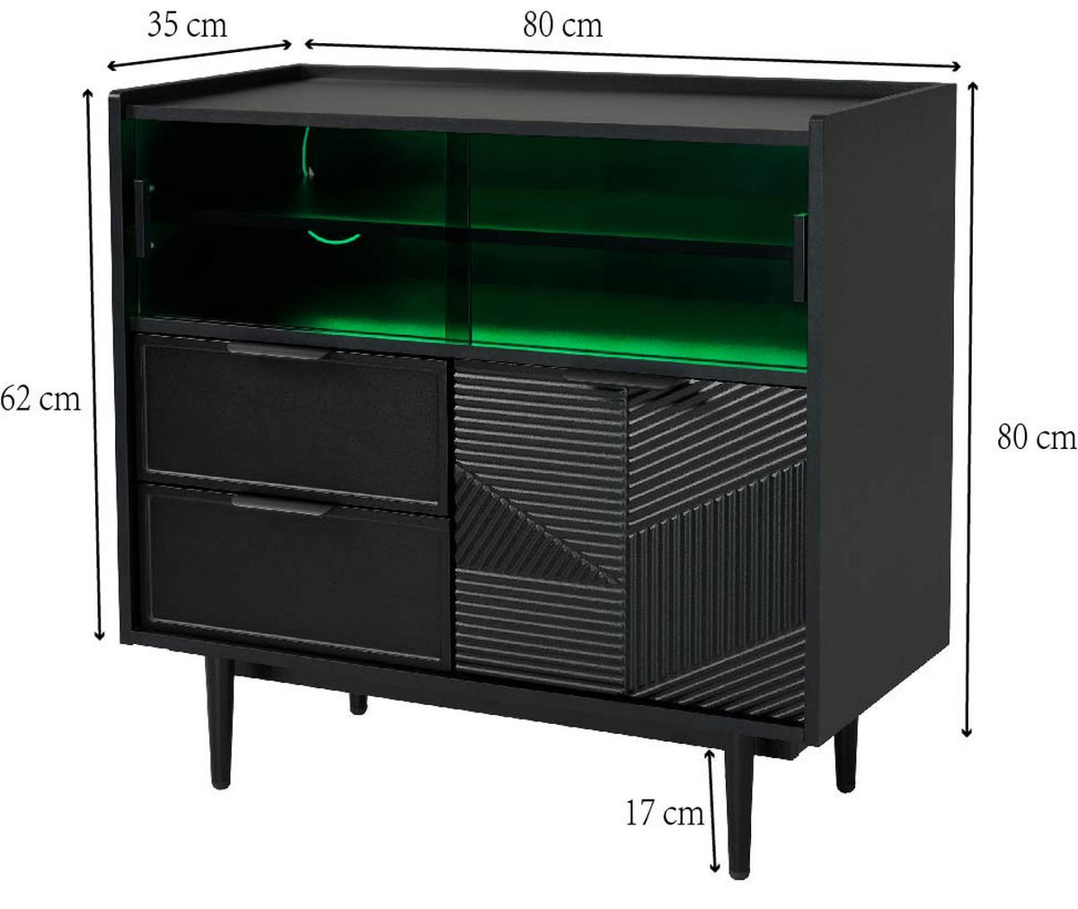 VITRINE 80x35x80 cm Schwarz mit Glasschiebetüren & LED-Lichtleiste - Schwarz, Holzwerkstoff (80/80/35cm) - Modfu