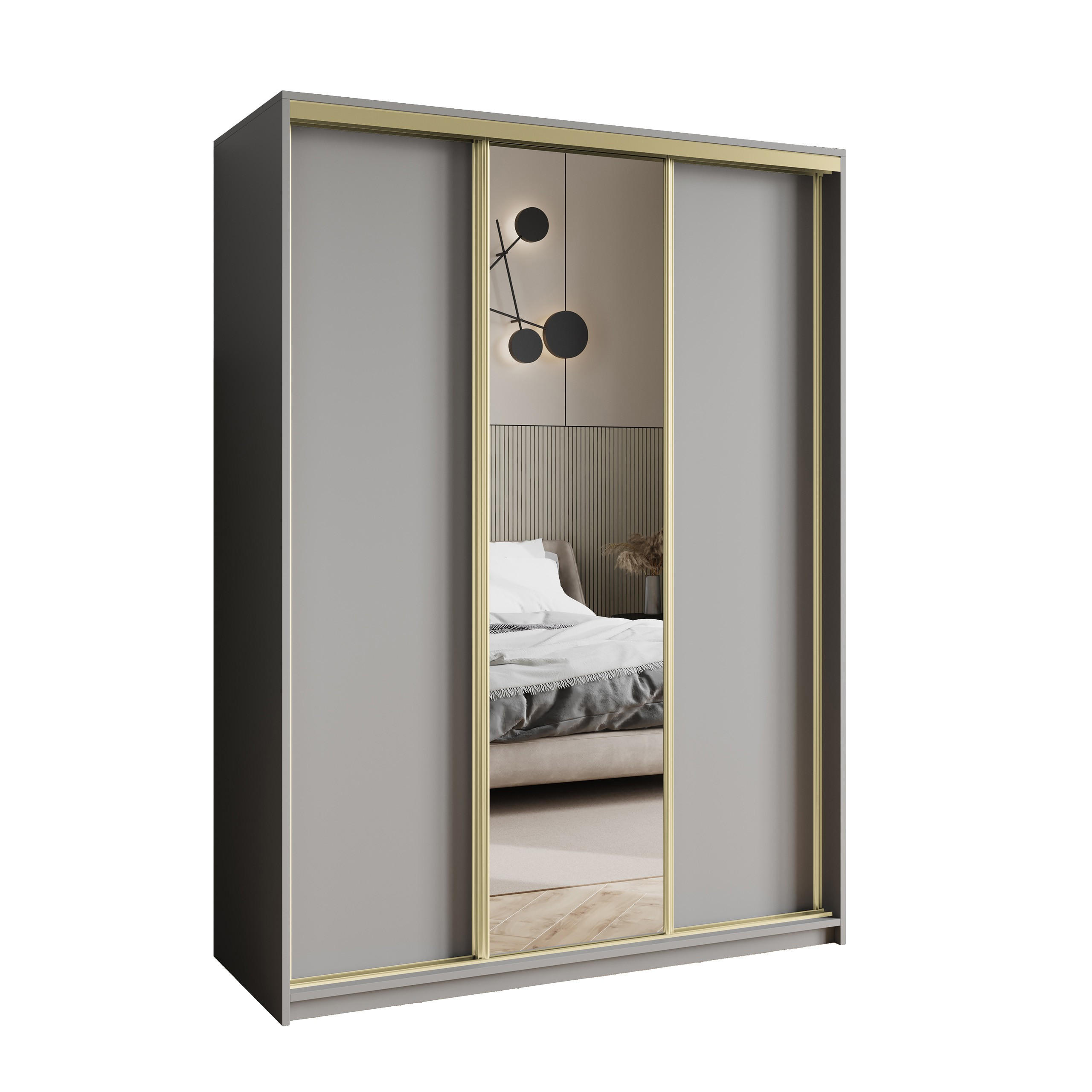 SCHWEBETÜRENSCHRANK TAVI 150/205/60 cm 3-türig mit Spiegel Graphitfarben - Graphitfarben, Holzwerkstoff (150/205/60cm) - MASSENO