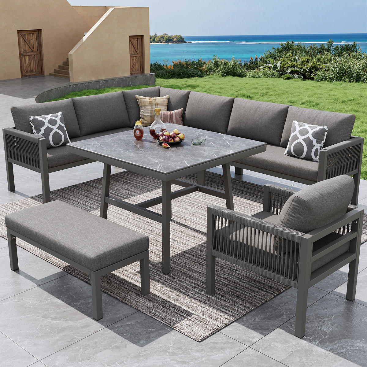 GARTENLOUNGE-SET Sitzgruppe für 8 Personen mit L-förmiges Gartensofa&Tisch Essgruppe - Grau, Textil/Metall - STILVORA