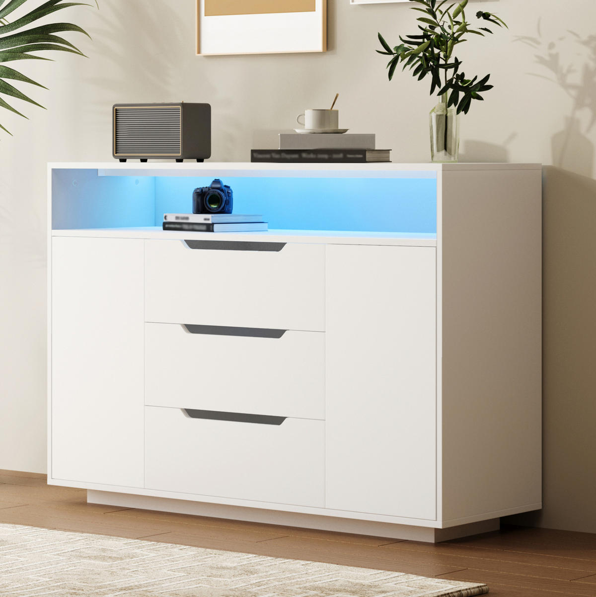 SIDEBOARD 120/40/85 cm mit offenem Regal, 3 Schubladen, Türen und LED-Beleuchtung aus Holzwerkstoff, Weiß - Weiß, Holzwerkstoff (120/85/40cm) - Redom