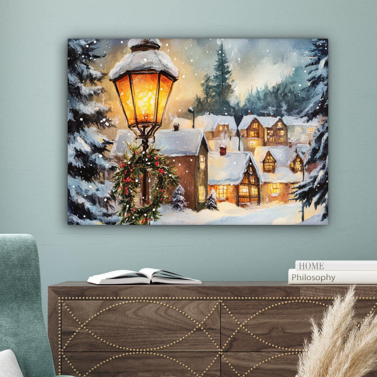 LEINWANDBILD Weihnachtsdorf - Häuser - Schnee - Weihnachten Wandbilder 80x60 cm - Sandfarben, Textil (80/60cm) - MuchoWow